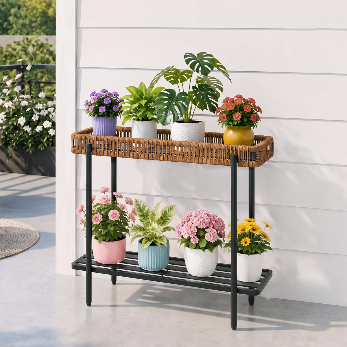 Mugovelo Metal Plant Stand with Rattan, Window Plant Rack Indoor Outdoor