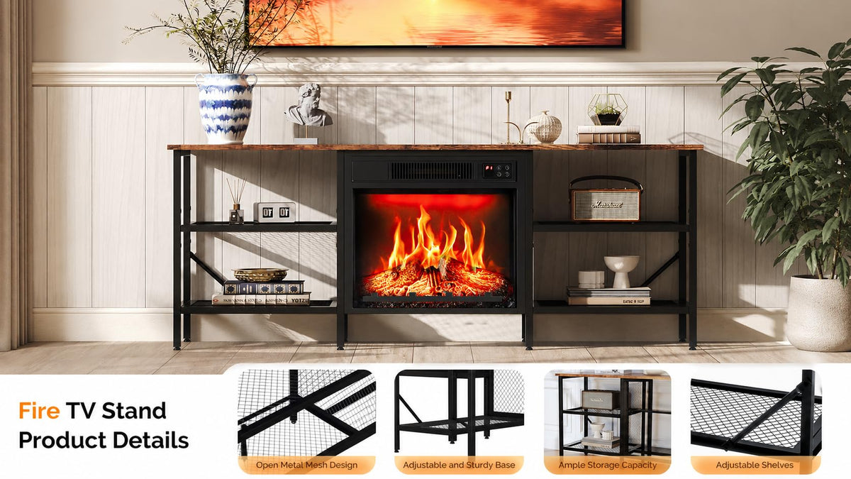 VINGLI 58‘’ Fireplace TV Stand, Entertainment Center with 18'' Electric Fireplace Heater, Fireplace Media Console Table with Open Metal Mesh Frame ＆ Shelves, for Living Room, Bedroom, Rustic Brown