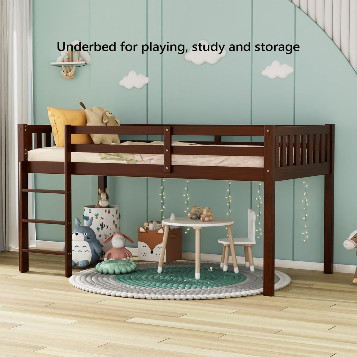 JOYMOR Low Loft Bed Twin Size with Stairs, Wooden Loft Bed for Kids, Junior，Young Teens，Pine Wood Twin Bed Frame, Space-Saving Design, No Box Spring Needed, Espresso