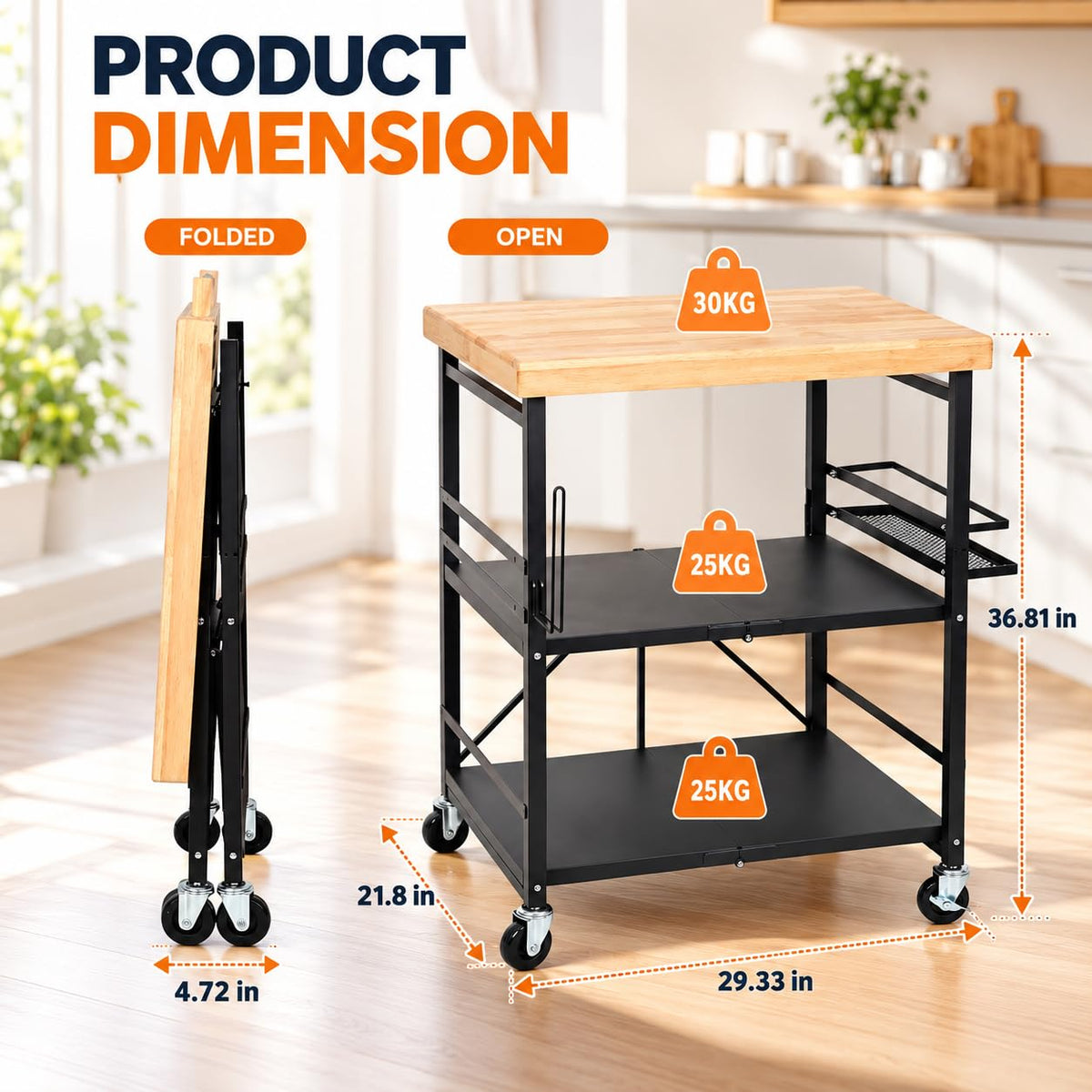 PLKOW Plus-Size Foldable 3-Tier Kitchen Cart with Solid Oak Top, Black