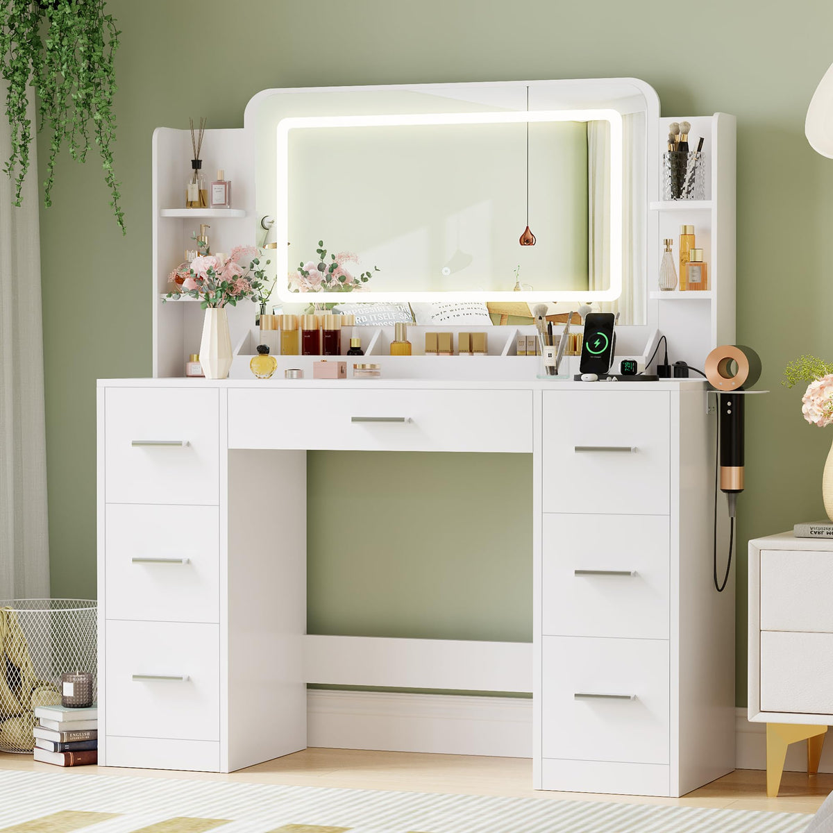 JUMMICO Makeup Vanity Desk with Large Mirror and LED Lights, Vanity with Power Strip and Hairdryer Holder, 6 Open Shelves and 7 Drawers Modern Dressing Table, for Bedroom (White)