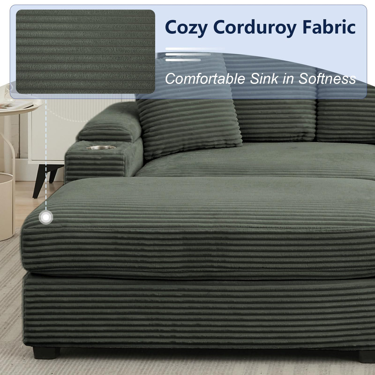 Green Corduroy Modular Sofa with Ottomans