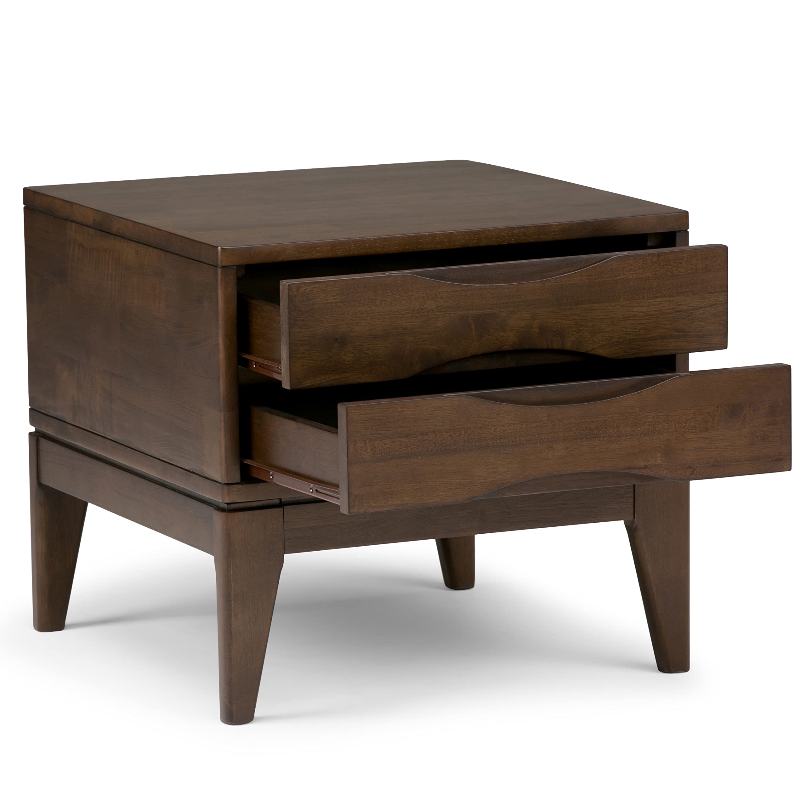 SIMPLIHOME Harper End Table - 22 inch Wide Solid Wood 2 Drawer Side Table in Walnut Brown, Mid Century Modern Accent Table for Living Room with Tapered Legs and Notched Handles