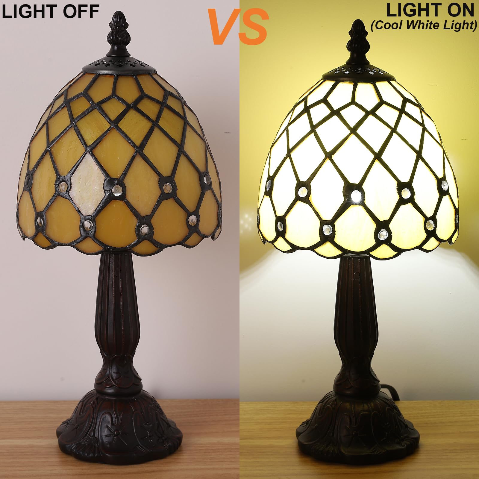 KALOUFUL Small Tiffany Style Table Lamp,3 Color Temperature Beads Light Gold Stained Glass Table Lamps for Living Dining Room,Bedroom,Bedside Nightstand Night Light+LED E12 Bulb,6X6X13Inch