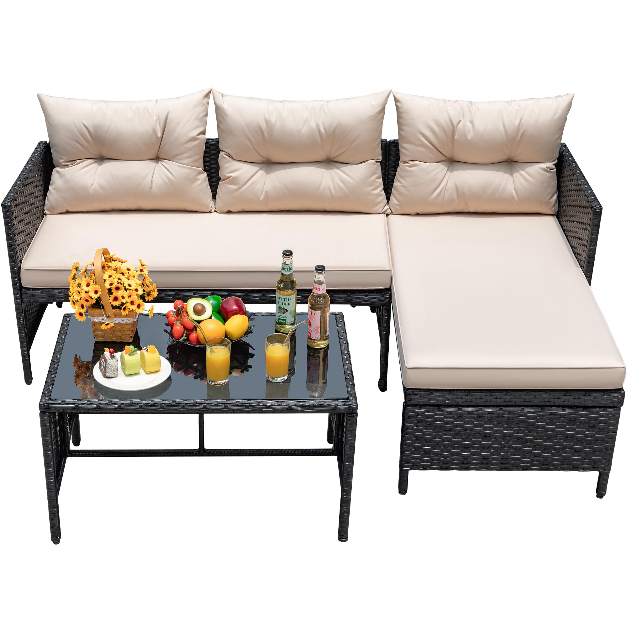 3-Piece L-Shaped Outdoor Sectional Sofa with Glass Table