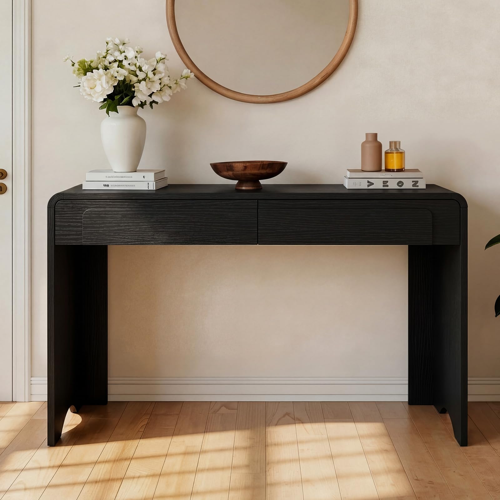 Bestier Computer Desk with 2 Drawers, 47 Inch Wood Home Office Desk, Small Writing Table with Curved Handles & Waterfall Rounded Edges, Cute Modern Desks for Bedroom Study Living Room, Black