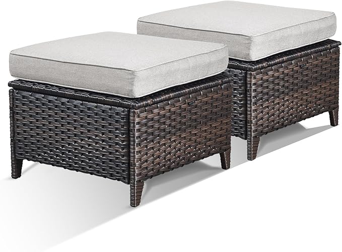 Outdoor Wicker Ottoman Set of 2 with Cushions