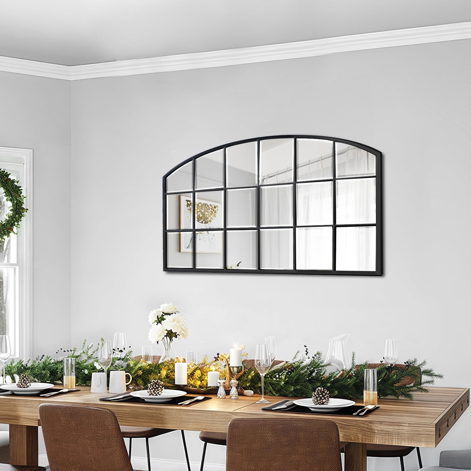 Arched Window Wall Mirror – Black Wood Frame, 44"x28"