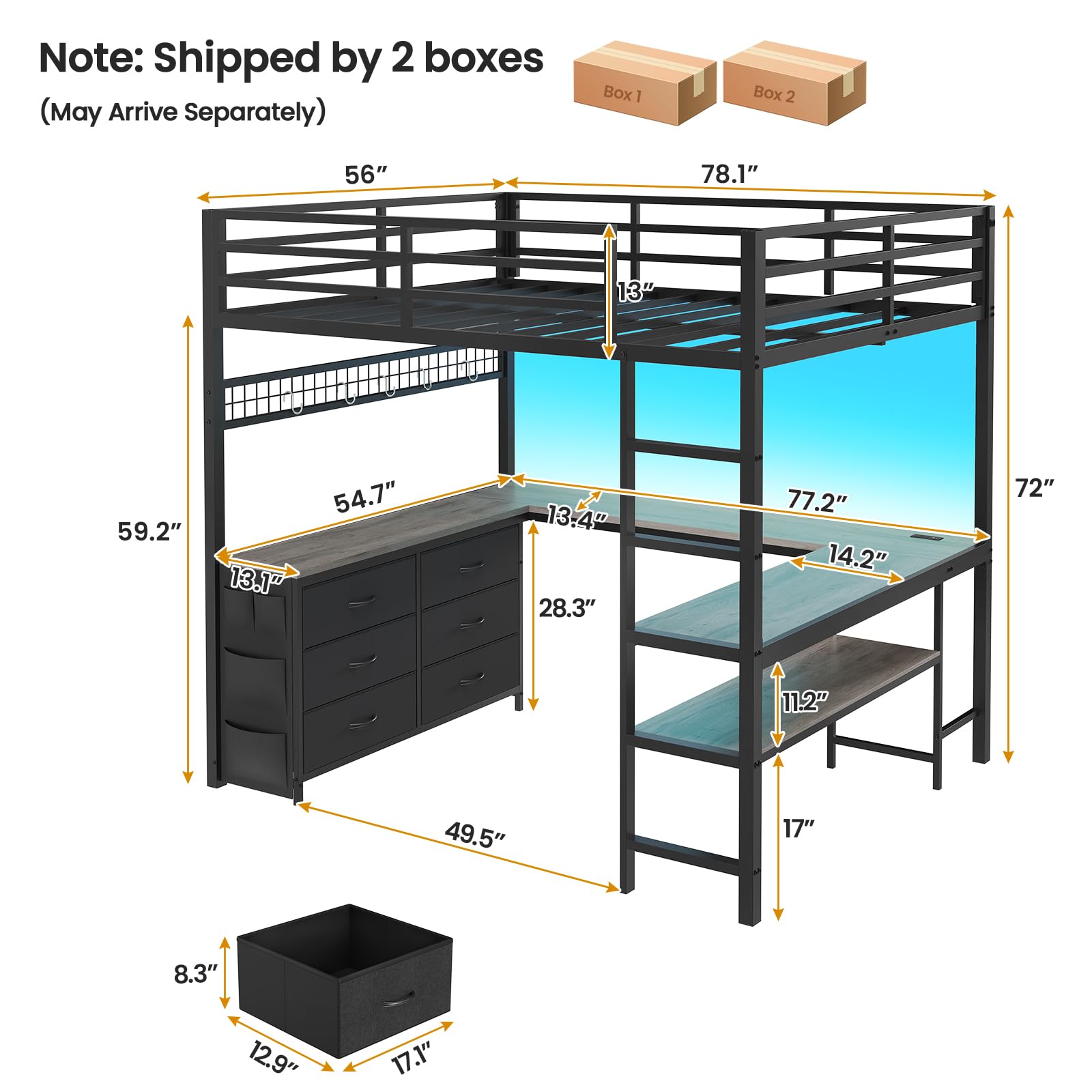 ADORNEVE Loft Bed Full Size with U-Shaped Desk, 6 Storage Drawers, Power Outlet, LED Metal Loft Bed with 2 Storage Shelves, Bed with Safety Guardrail & Ladders, No Box Spring Needed, Grey