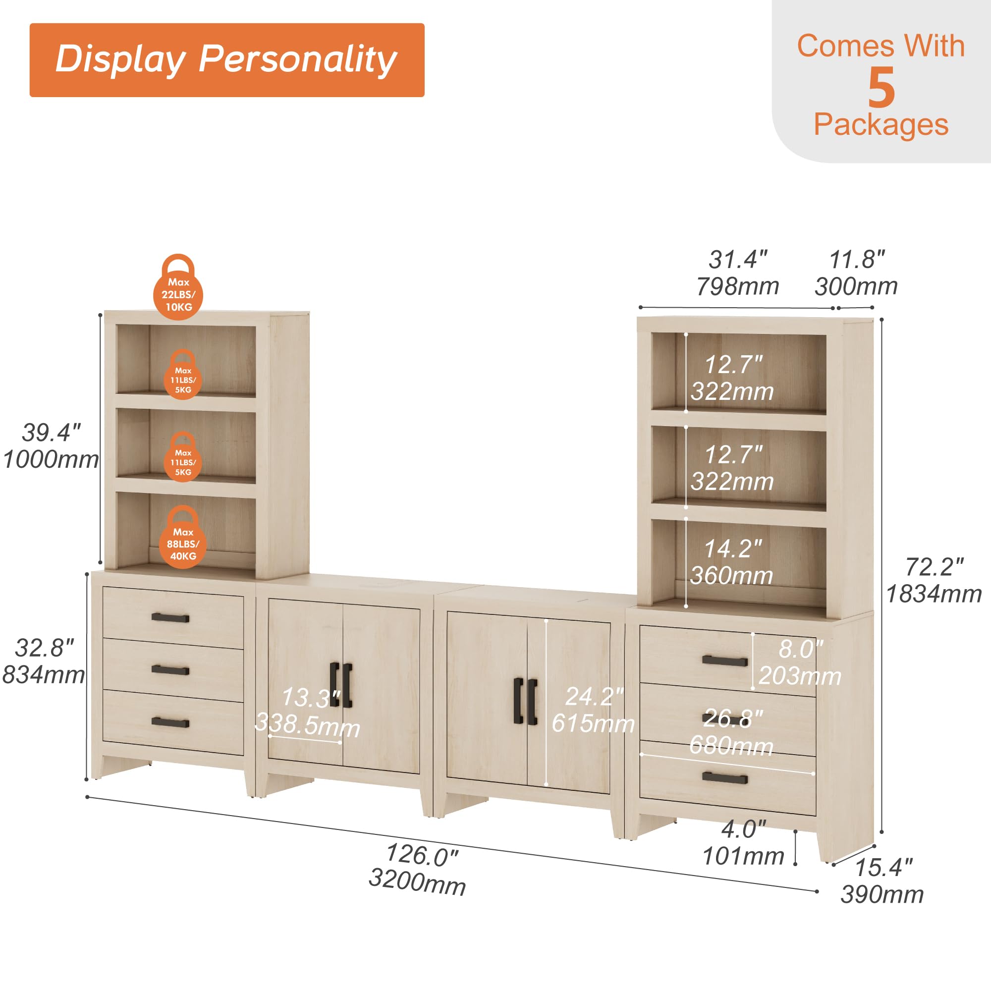 WAMPAT Entertainment Center with Bookshelves, Farmhouse TV Stand for 75 inch TV, Wood Media Console with Adjustable Shelves and Storage Drawers for Living Room, Bedroom, Beige