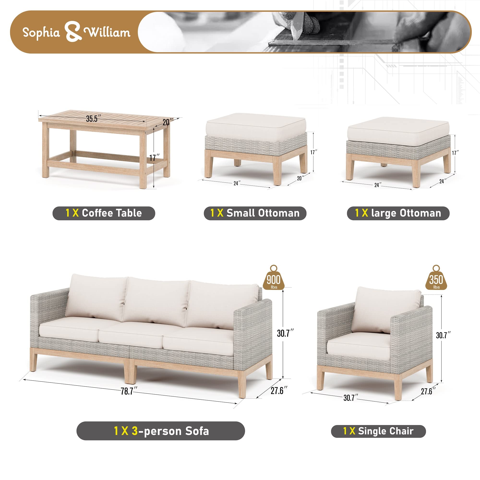 5-Piece High-Back Wicker Sectional Sofa Set with Acacia Wood Coffee Table