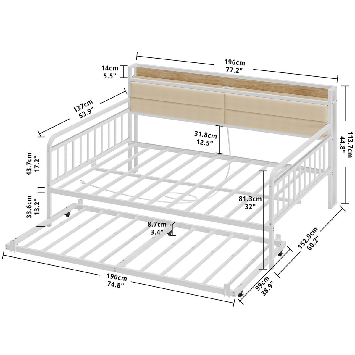 LIKIMIO Daybed with Trundle, Full Size Bed Frame, White