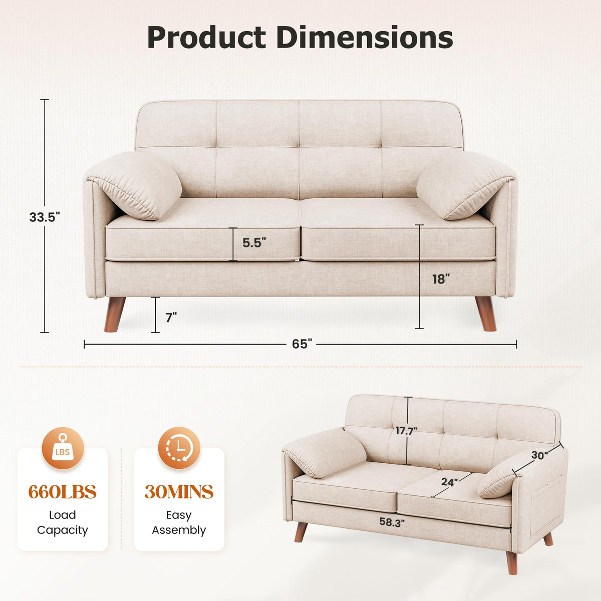 Apicizon 65" Loveseat Sofa, Chenille Loveseat Couch for Living Room with Storage Pockets, 25" Deep Seat Love Seat with Padded Arms, Modern Small Couches for Bedroom, Small Spaces, Home Office