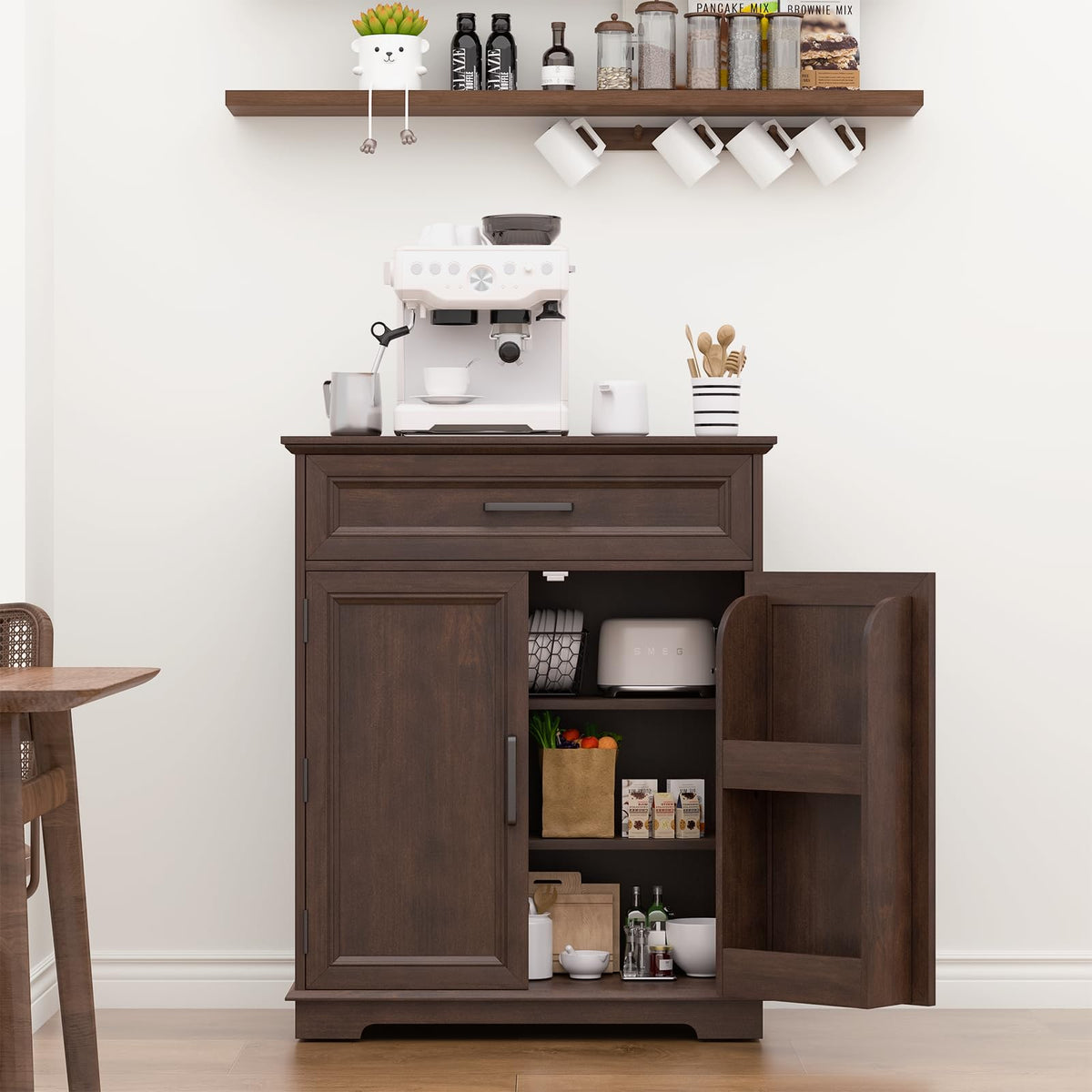 REDAYFUR Kitchen Storage Cabinet with Drawer, Buffet Cabinet with Storable Door, Modern Floor Sideboard, Cherry Freestanding for Kitchen