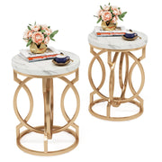 Round End Table Set of 2, Faux Marble White & Gold