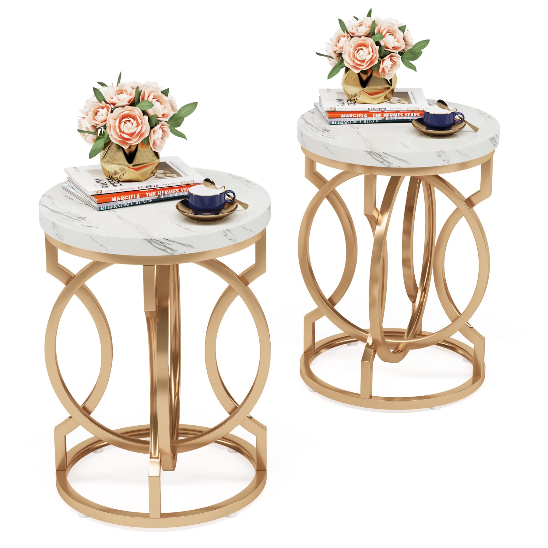 Tribesigns Modern Round End Table Set of 2 with Thickened Tabletop, 20" Gold Side Table with Unique O-Shaped Metal Base, Midcentury Nightstand for Living Room Bedroom, White + Gold