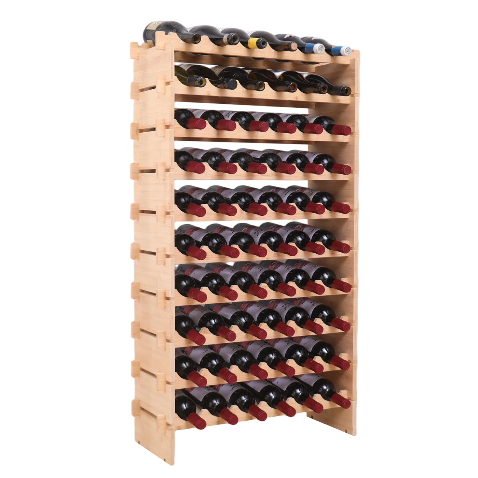 fcxagy 60 Bottles Bamboo Stackable Modular Bamboo Wine Rack, 10-Tier Wooden Wine Storage Rack Freestanding Wine Holder Display Shelves，Wine Rack freestanding Floor