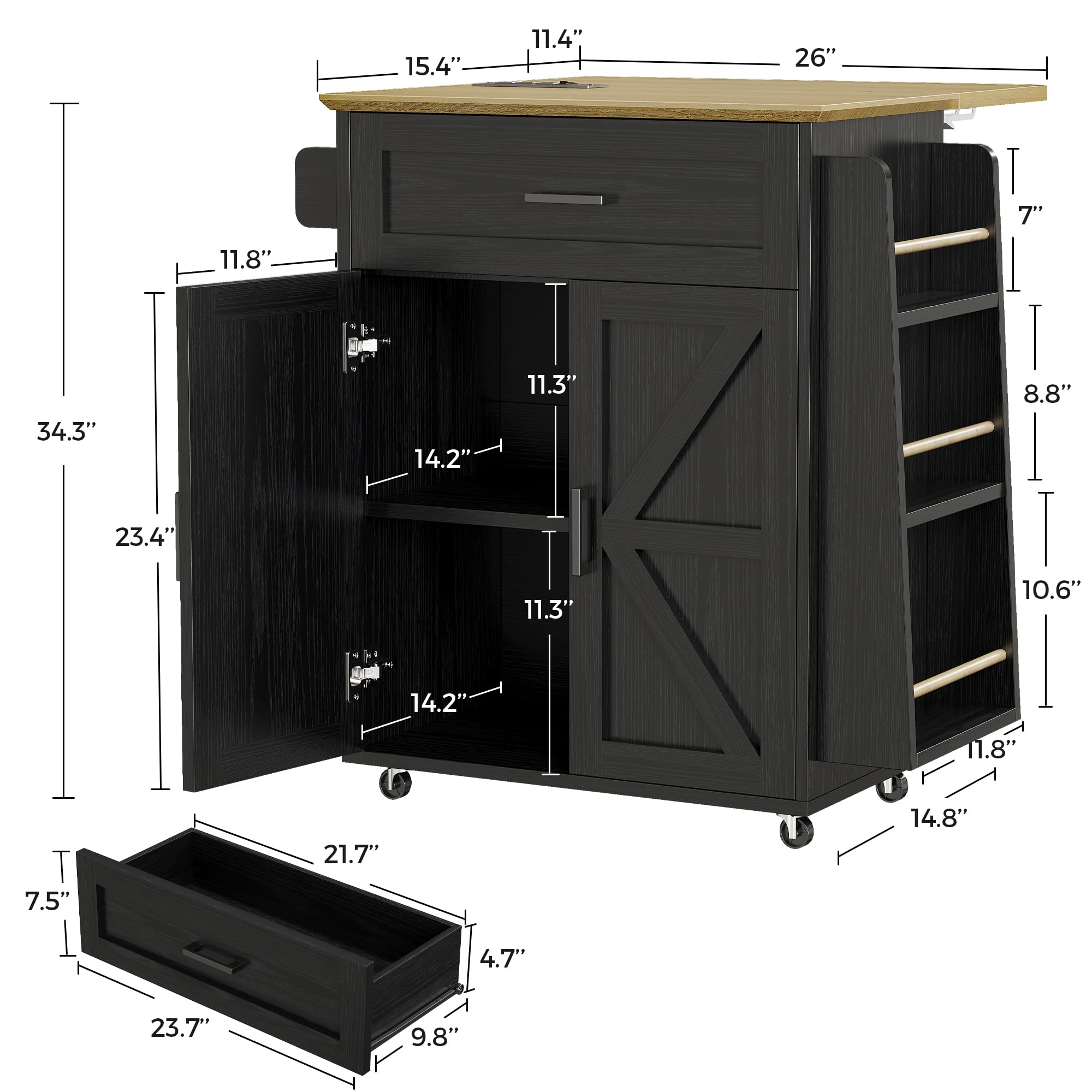 Kitchen Island Cart with Storage & Power Outlet