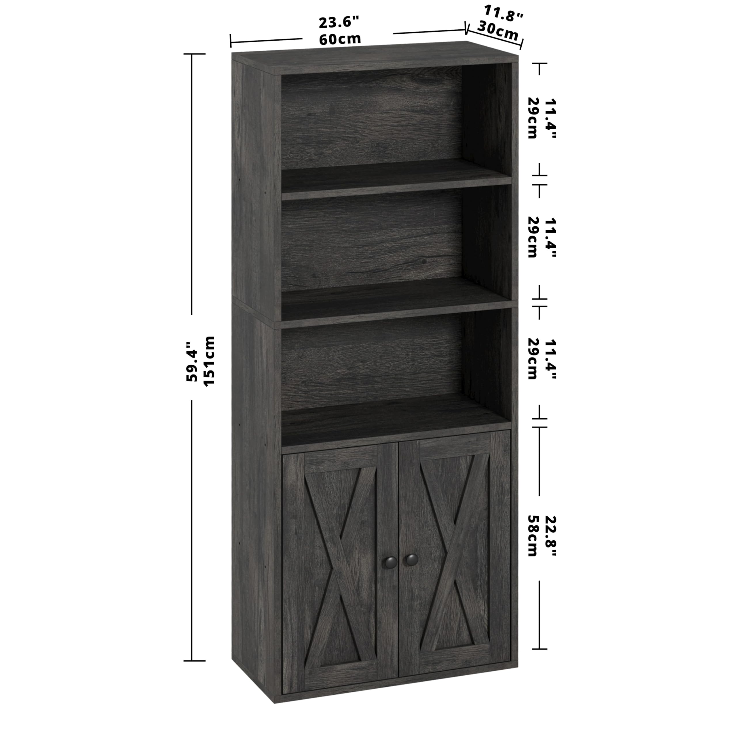 IRONCK 5-Tier Bookshelf, 11.8in Depth Bookcase with Doors Industrial Bookshelf with Storage,Floor Standing Display Storage Shelves for Home Office, Living Room, Industrial White