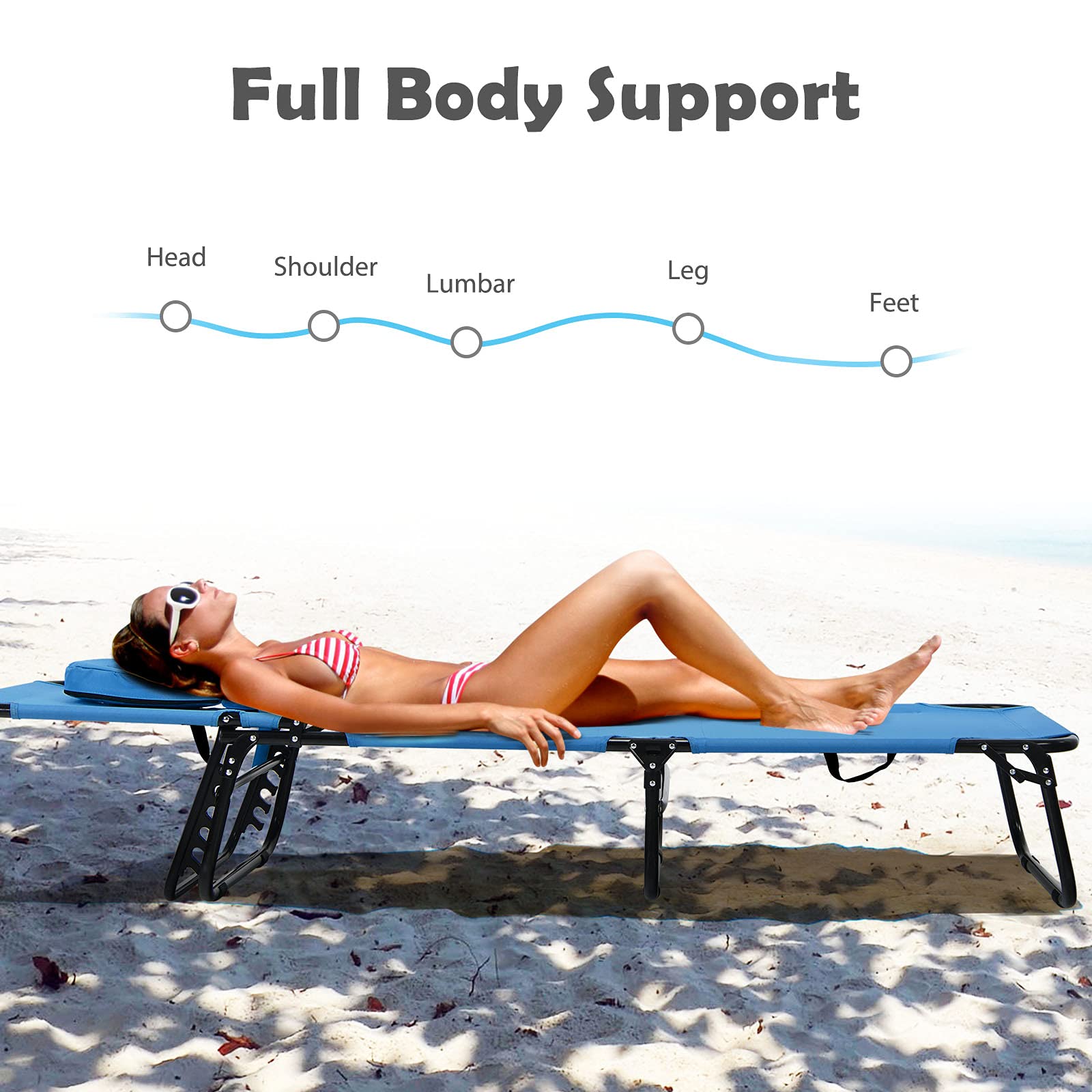 Folding Beach Lounge Chair with 5-Position Adjustable Backrest & Padded Pillows