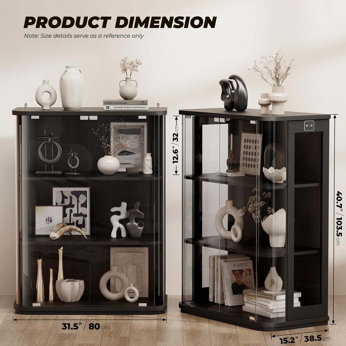 BROTTAR 3-Tier Rounded Display Cabinet with Lights&Human Body Sensor Black