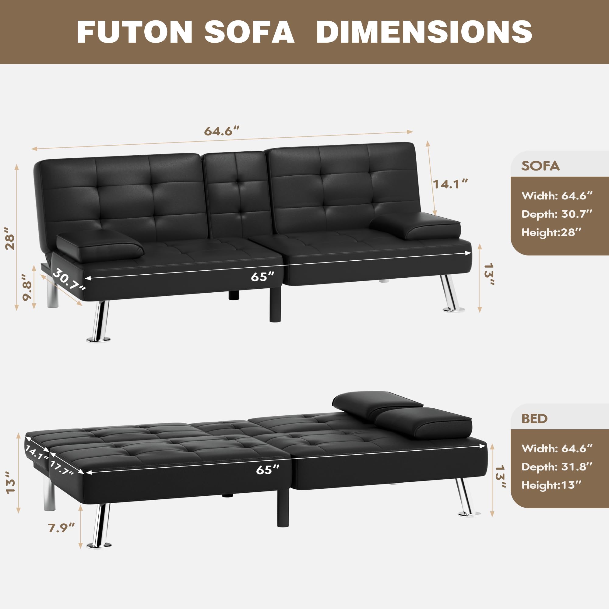 Faux Leather Futon Sofa Bed with Adjustable Backrest & Cup Holders