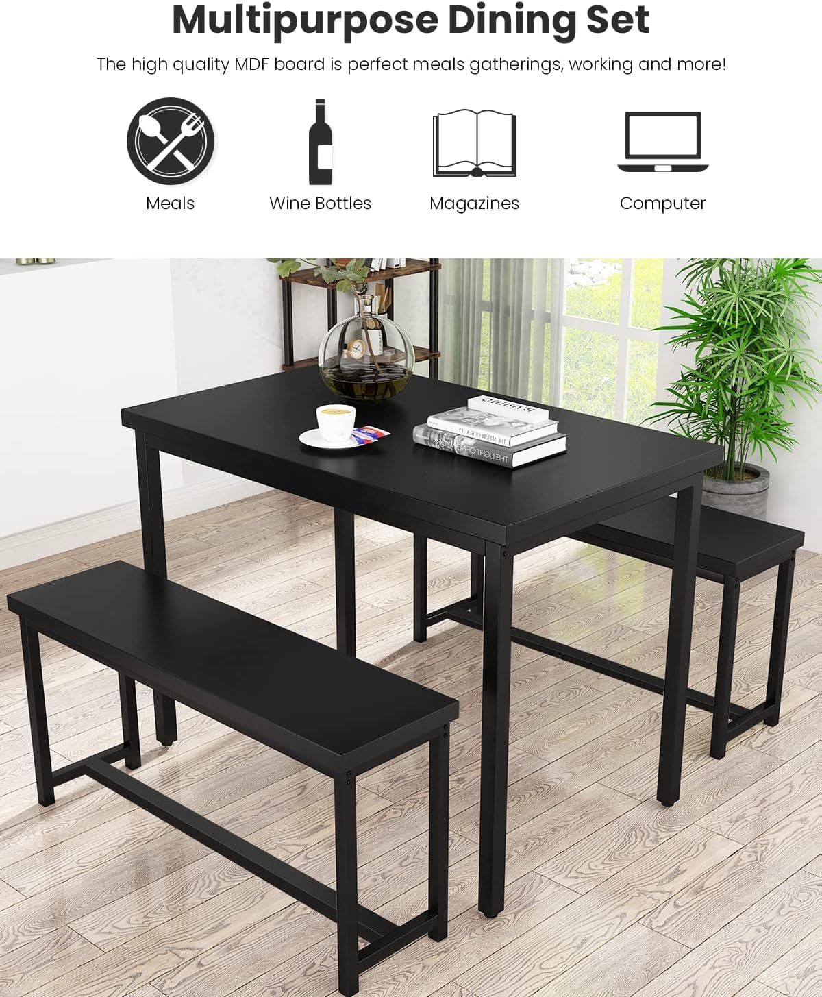 Recaceik 47" Black Dining Table Set for 4, 3-Piece Kitchen Set