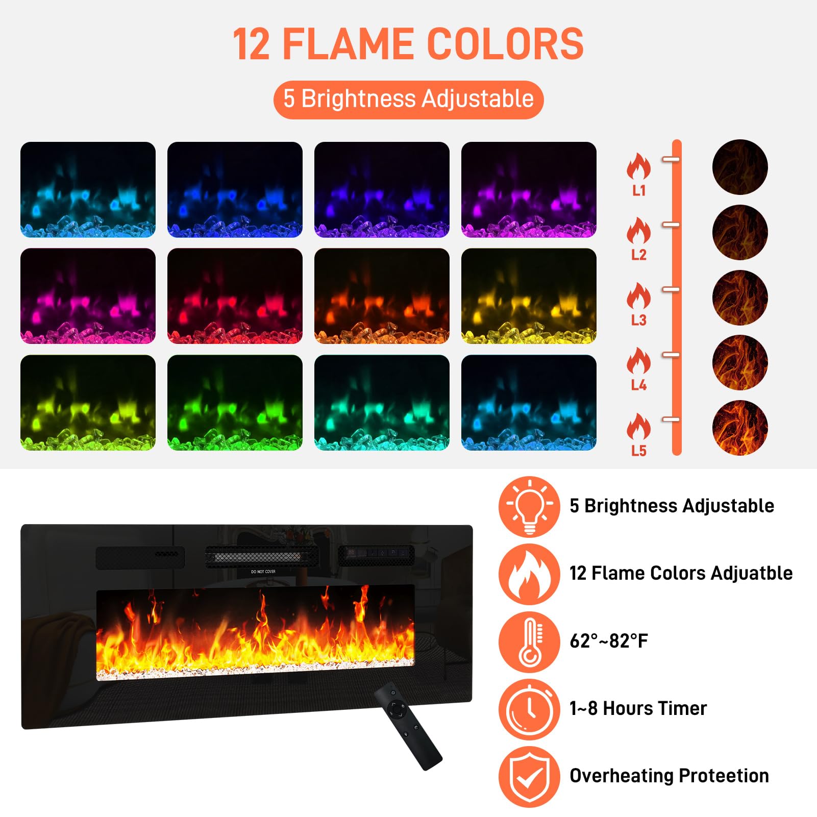 jiteentarou 71" Floating Fireplace TV Stand for up to 85" TVs, Modern High Gloss Entertainment Center w/40 Electric Fireplace, Charging Station&LED Lights, Fireplace TV Media Console w/Storage, Black