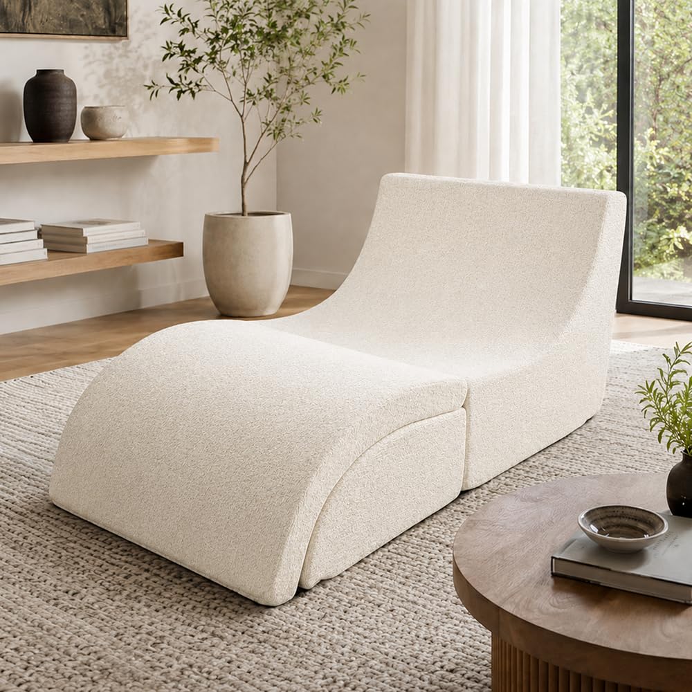 NeoNook 3-in-1 Convertible Chaise Lounge Chair with Curved Back, Chenille Armless Boneless Floor Sofa, Comfortable Lazy Chair Reading Chair for Bedroom, Living Room (White)