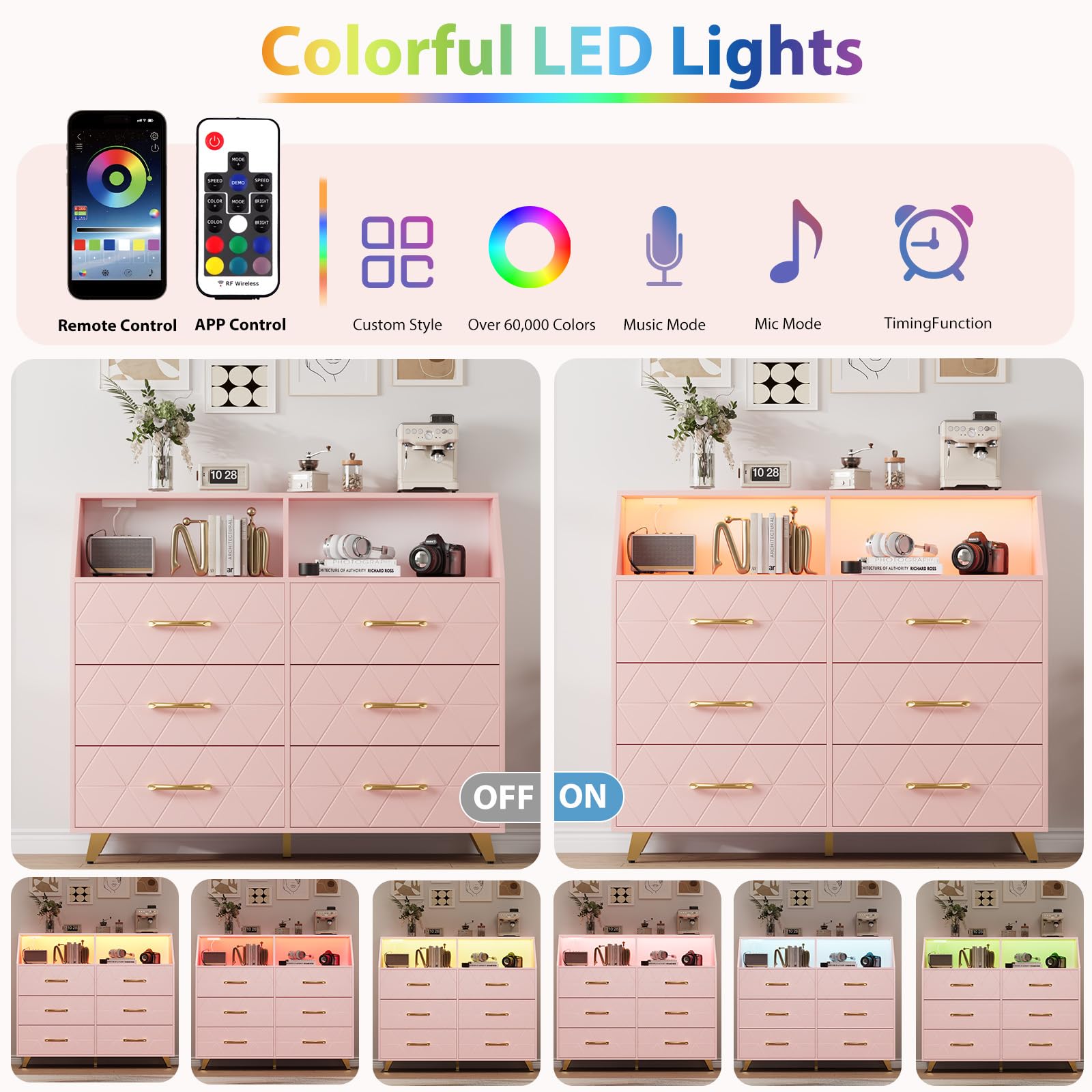 Hetoy 6 Drawer Wooden Dresser with LED Light and Charging Station,Modern Chest of Drawers with Open Shelves & Gold Handles, Versatile Storage Cabinet for Bedroom, Living Room, Hallway