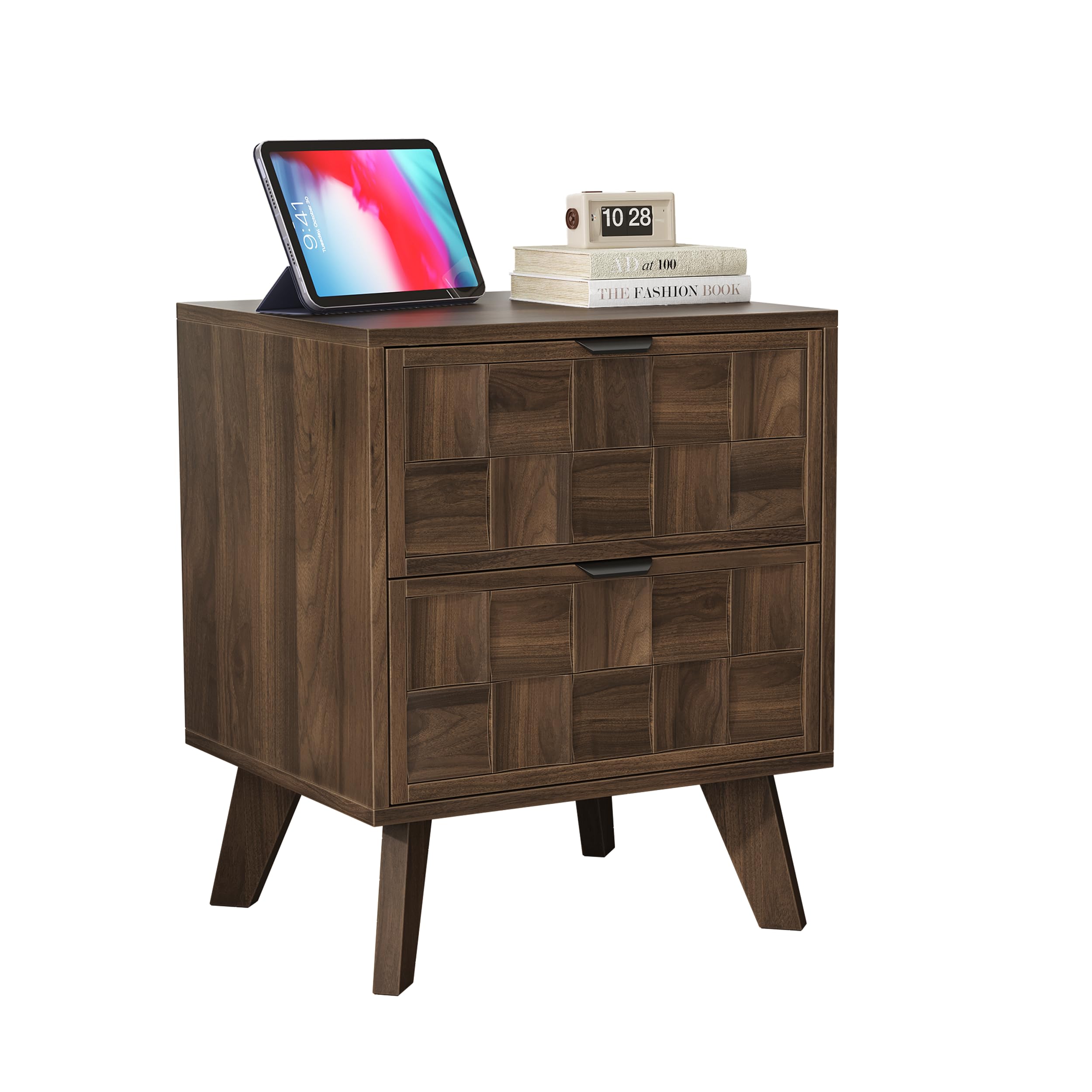 Walnut Nightstand with Embossed Checkerboard Drawers