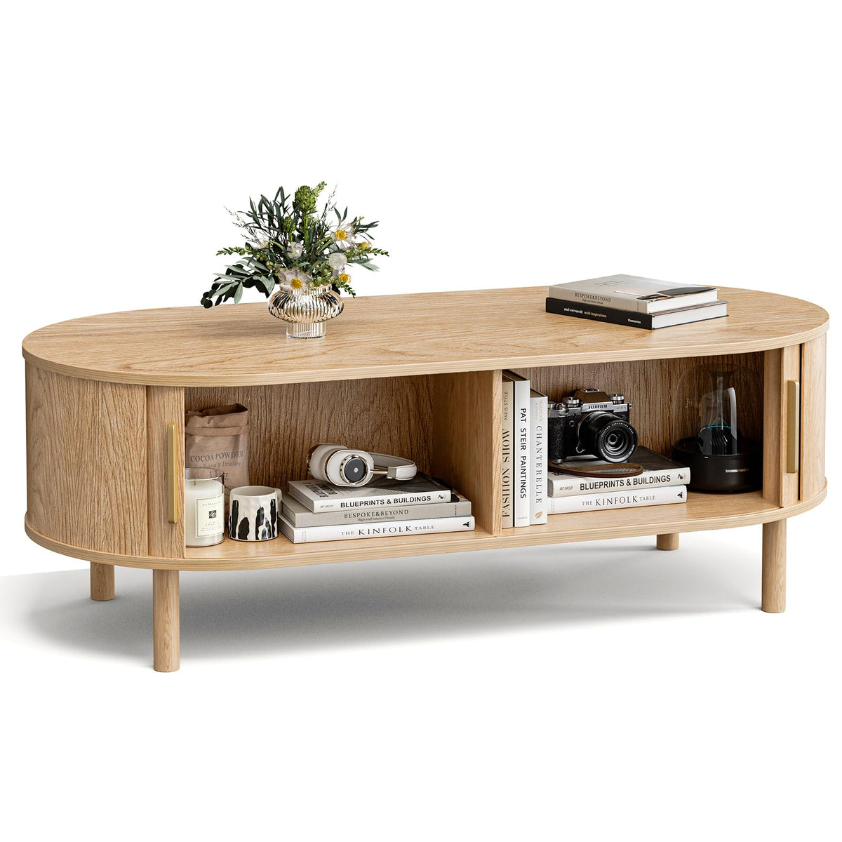 ZttRiee Oval Coffee Table with Sliding Doors, Modern, Natural
