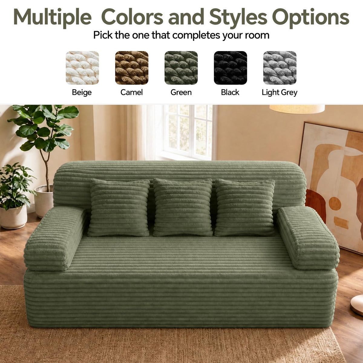 Zefurta 78" Futon Sofa Bed, Queen Size Boneless Corduroy Couch Bed (Green)