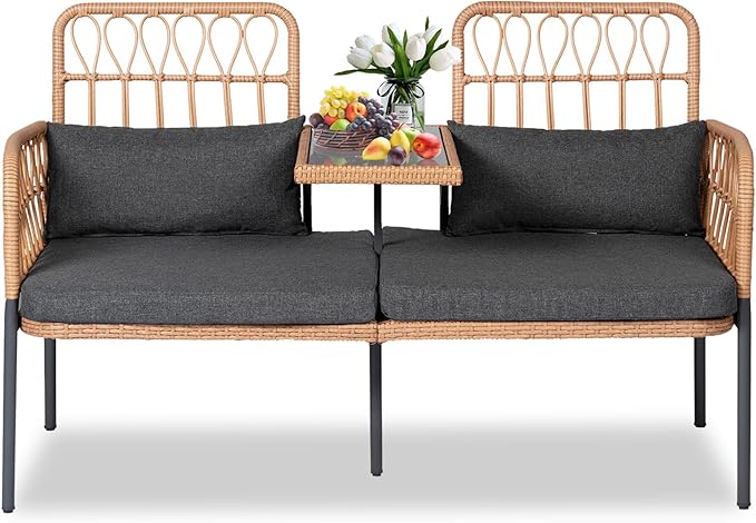 Outdoor Rattan Loveseat with Built-In Table & Cushions