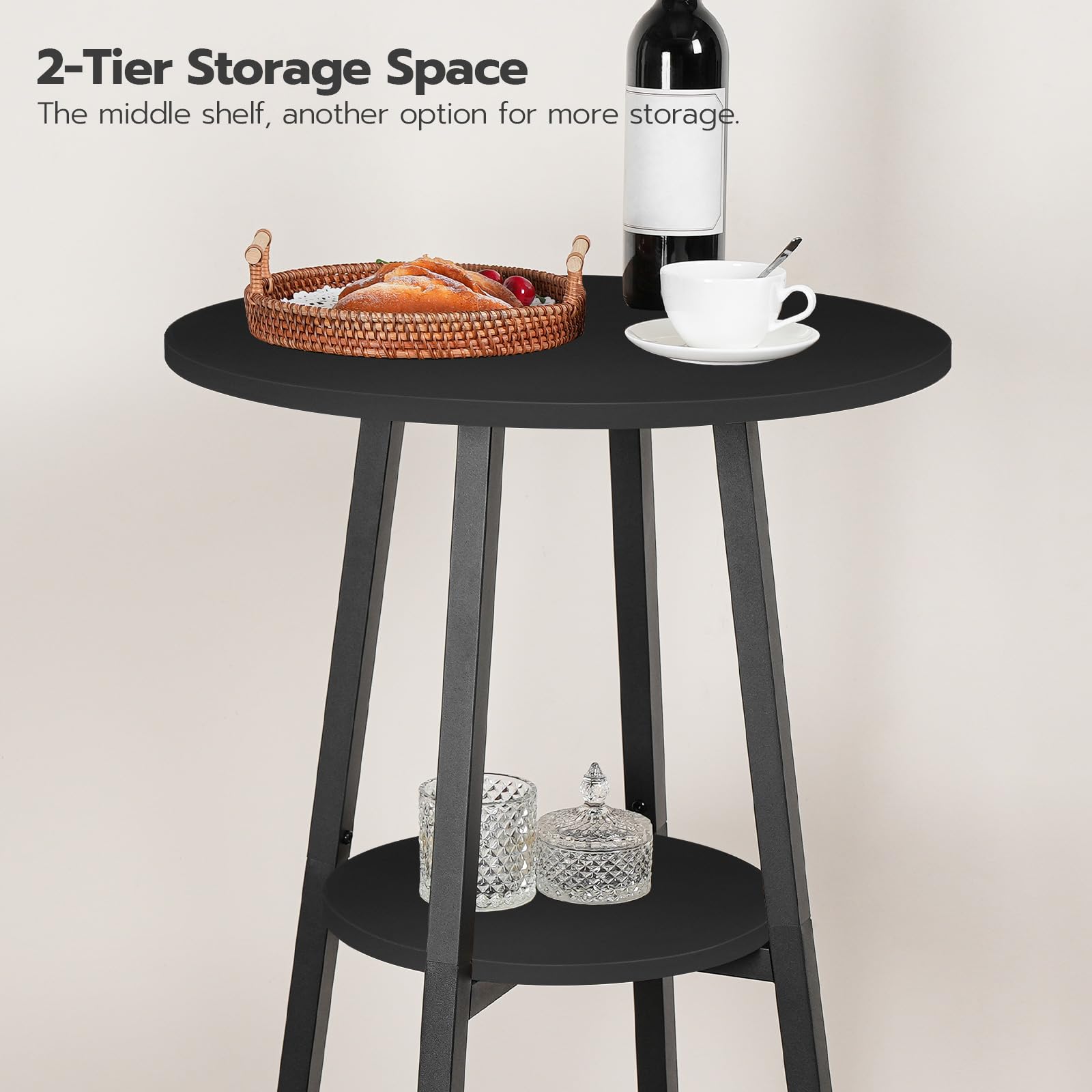 HOOBRO Bar Table, Round Pub Table, 2-Tier Bistro Table with Storage, 37.4" High for Small Spaces, with Top Particleboard for Kitchen, Easy to Assemble, Black BB55BT01