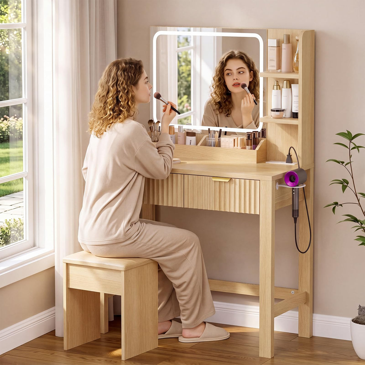 Fluted Vanity Desk with Mirror and Lights, 30.7" Small Makeup Vanity, Oak