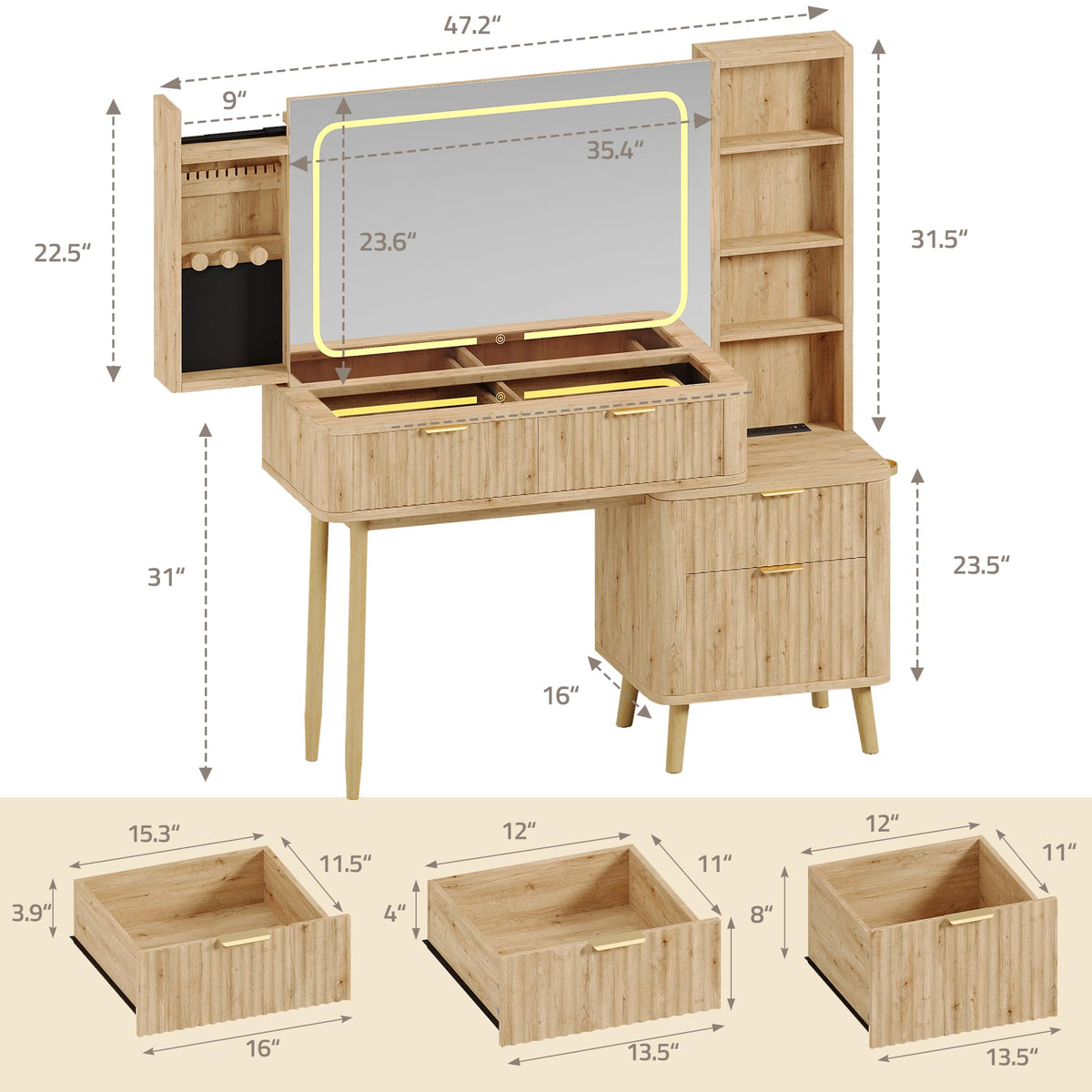 48"Wood Vanity with Clear Glass Top,Large Mirror and Lights,Natural Wood