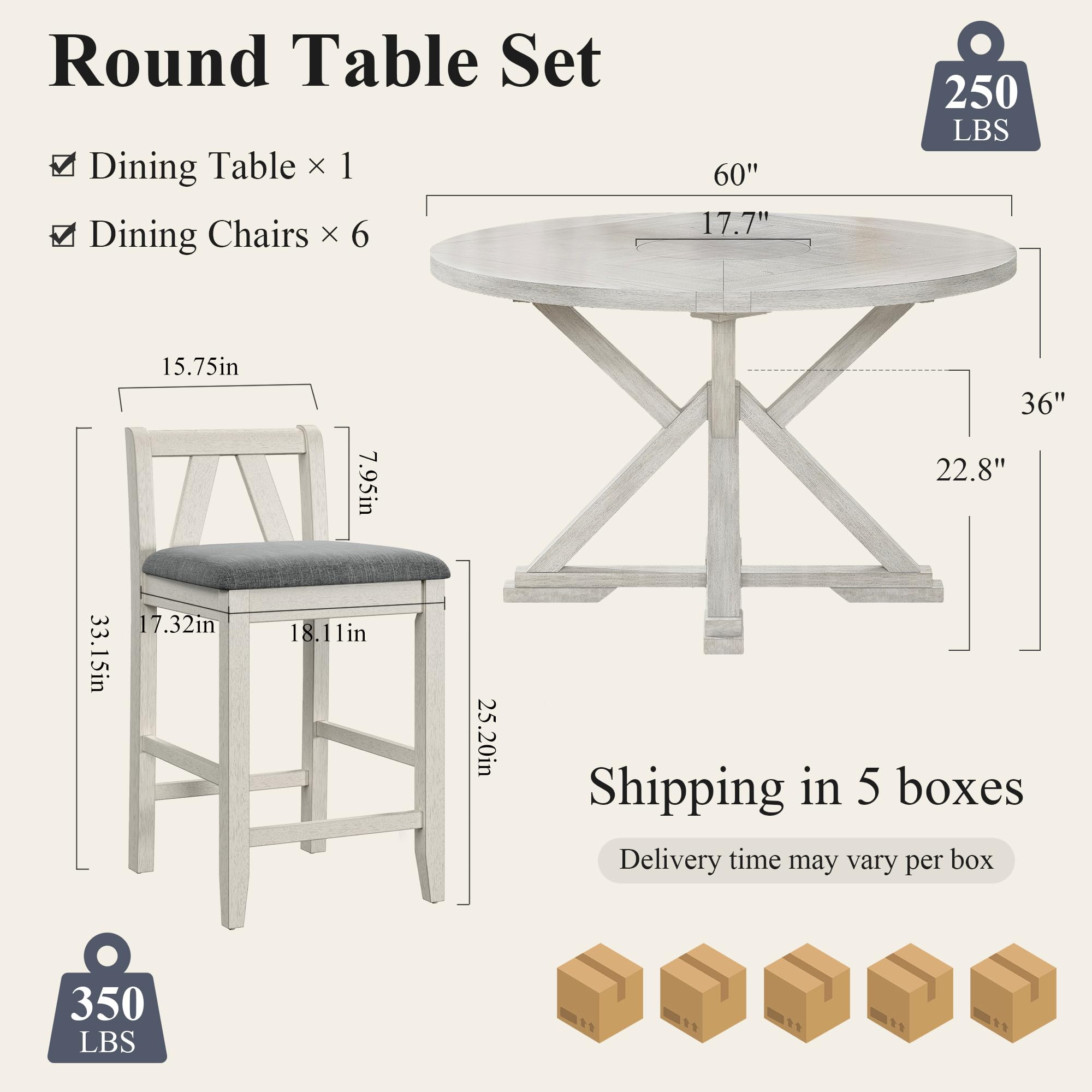 VECELO 7-Piece Solid Wood Foldable Dining Table Set for 6, Farmhouse Round Dining Table with 6 Upholstered Dining Chairs for Dining Room, Kitchen, Washed Gray