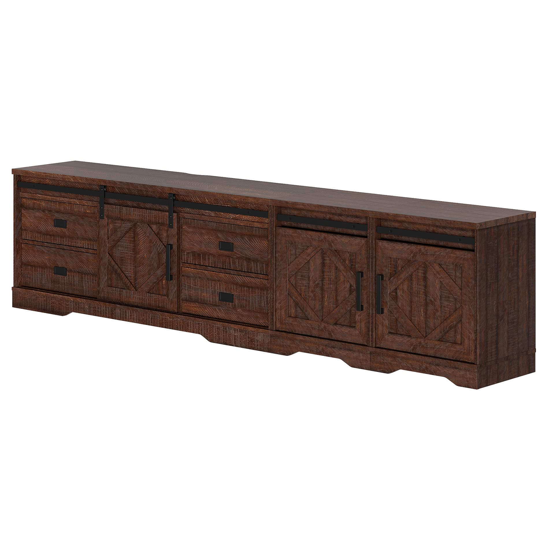 WAMPAT 98" Wide Farmhouse TV Stand for up to 110" TV, 3-in-1 Rustic Wood Entertainment Center with Drawers and Cube Cabinets for Living Room, Faux Bark Finish, Rustic Brown