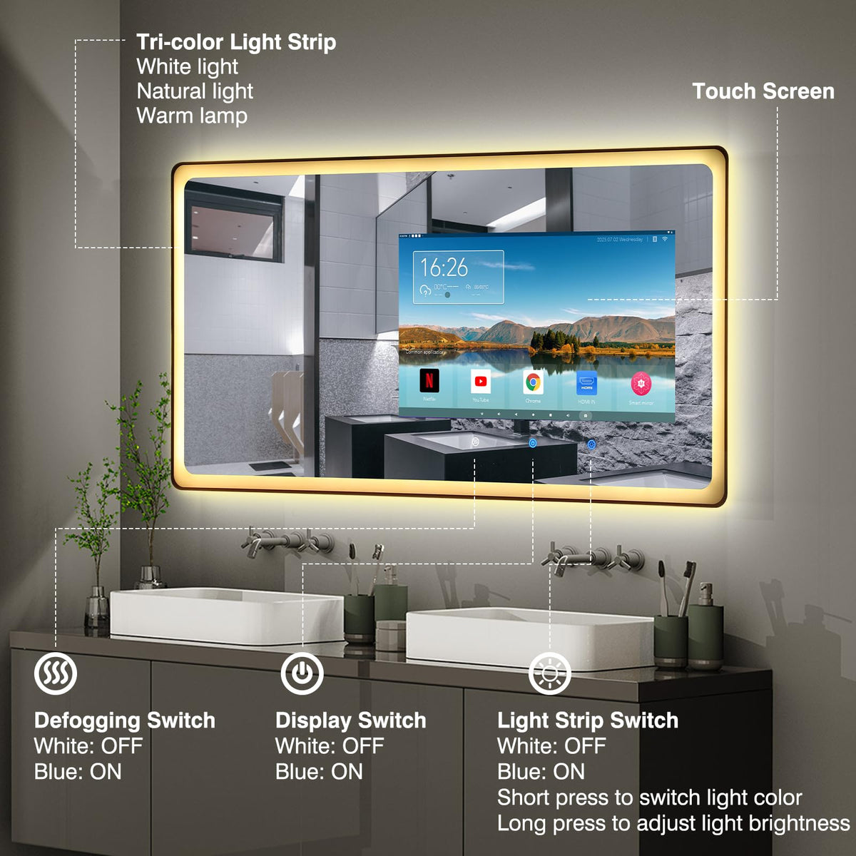 YOURYOKE 32×24 Inch Smart Vanity Bathroom Mirror with 15.6" Waterproof Touchscreen TV, Android OS, WiFi/Bluetooth/HDMI, Anti-Fog, 3-Color LED Lights for Bathroom,Bedroom,Hotel&Spa Wall Mounted