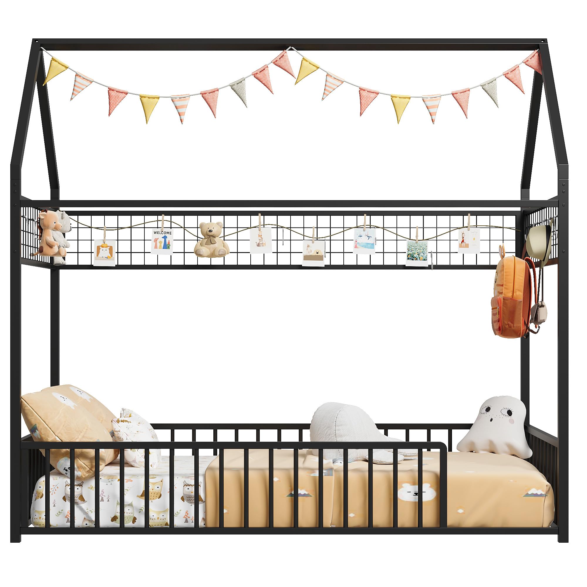 Twin Metal House Floor Bed Frame with Guardrails