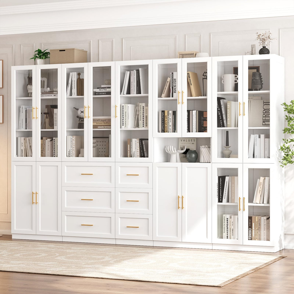 White Glass Door Bookcase with Drawers