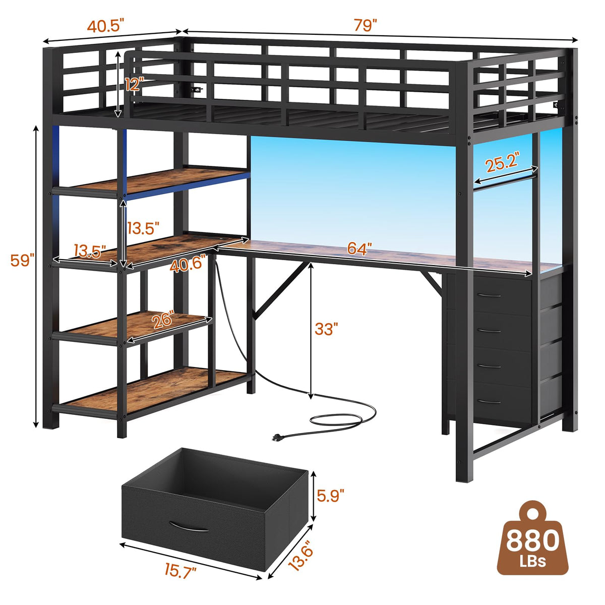 Metal Loft Bed with Desk & Storage