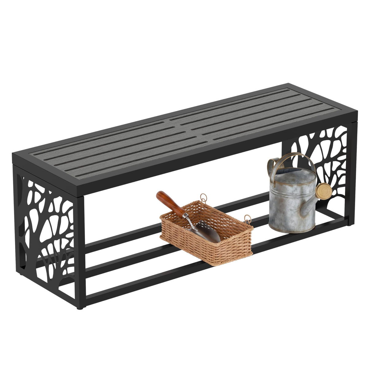 Orbotots 47" Outdoor Storage Bench, HDPE Seat, Steel Frame, Tree