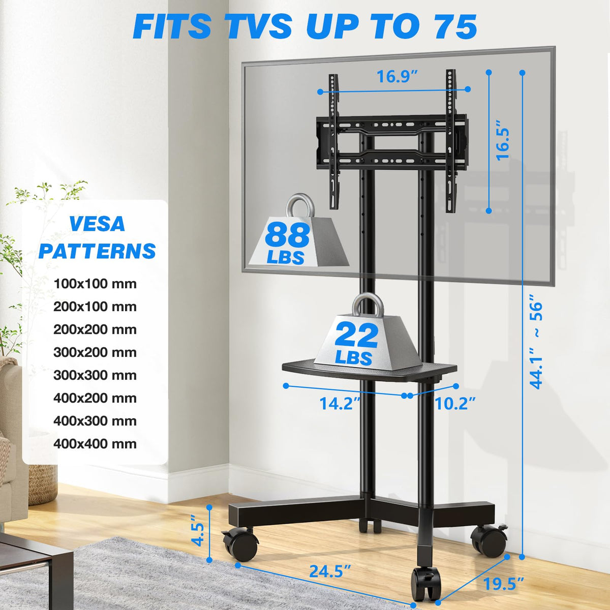 Rfiver Rolling TV Stand with Laptop Shelf, Mobile TV Stand with Upgraded Wheels for 32-75 Inch TVs, Height Adjustable Mobile TV Cart up to 88lbs, Portable TV Mount Stand for Outdoor, Home, Office