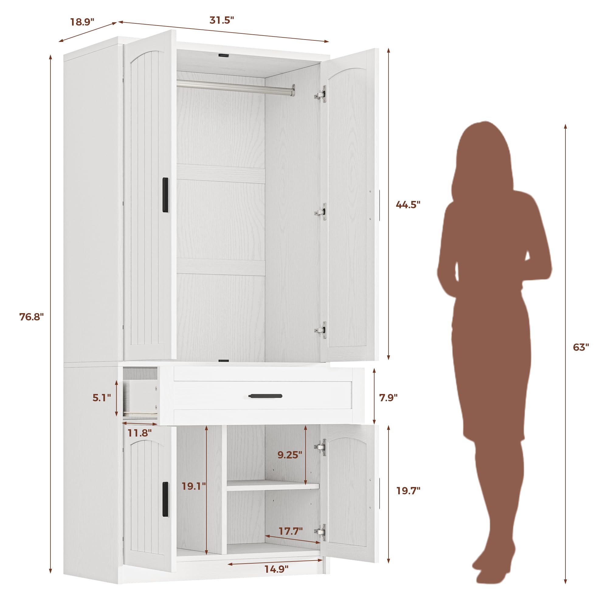 LIKIMIO 77" Tall Freestanding Armoire Wardrobe Closet with 4 Doors, Drawer, Hanging Rod & Adjustable Shelves, Bedroom Clothes Storage Cabinet, White