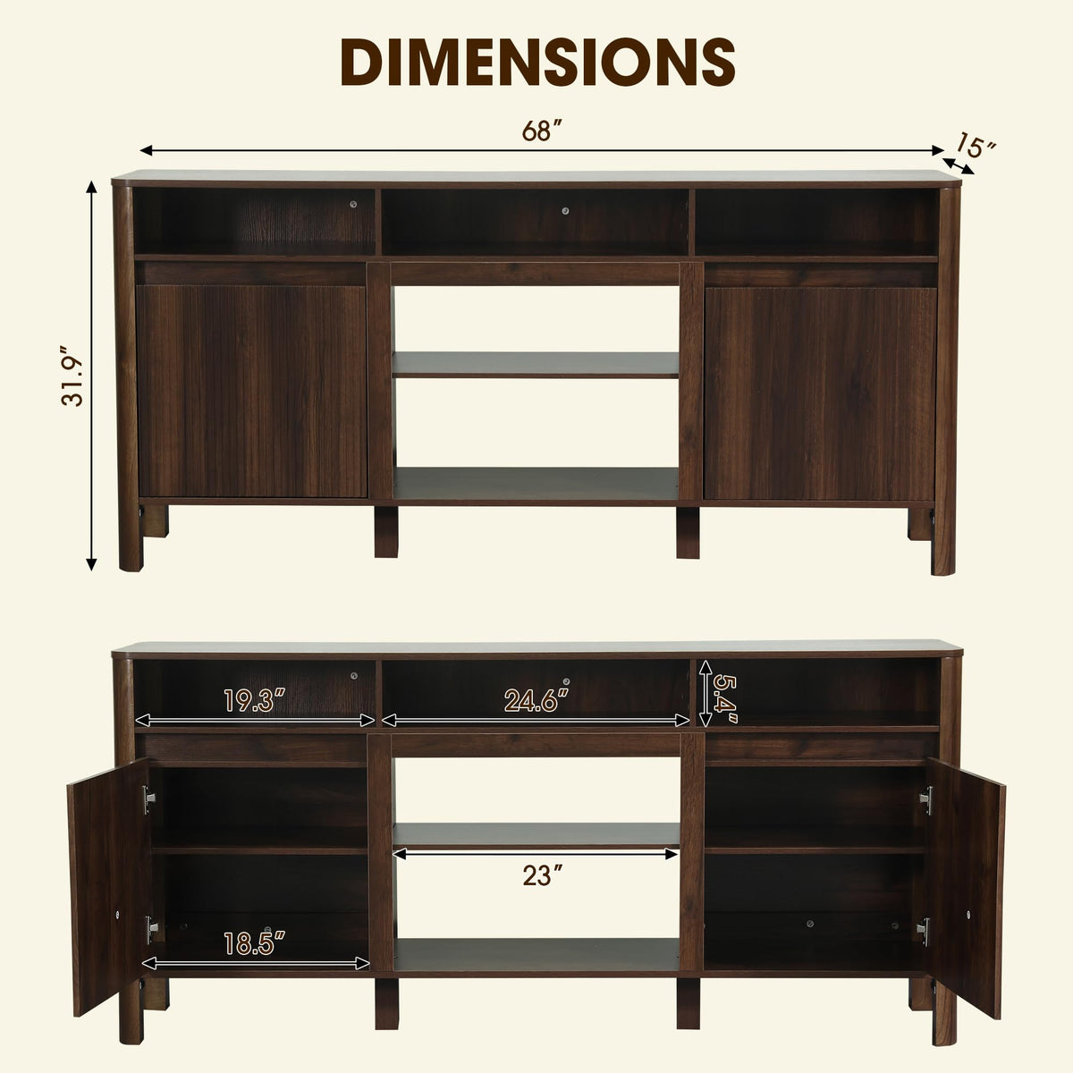 68" Fluted TV Stand for TVs Up to 75", Mid Century Modern TV Stand, Walnut