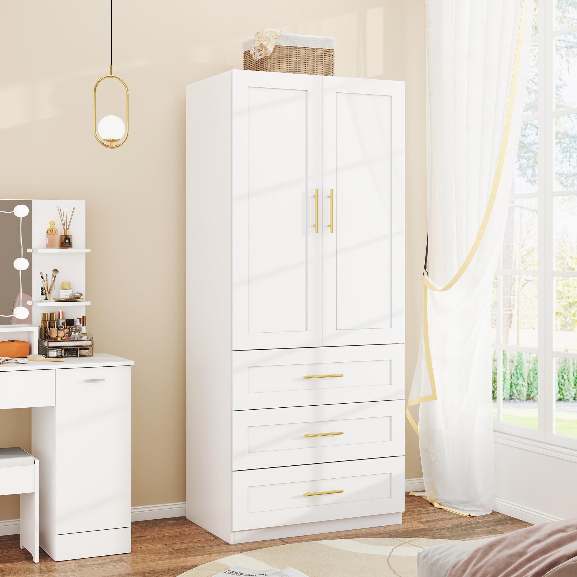 Wardrobe Closet with Drawers & Hanging Rod