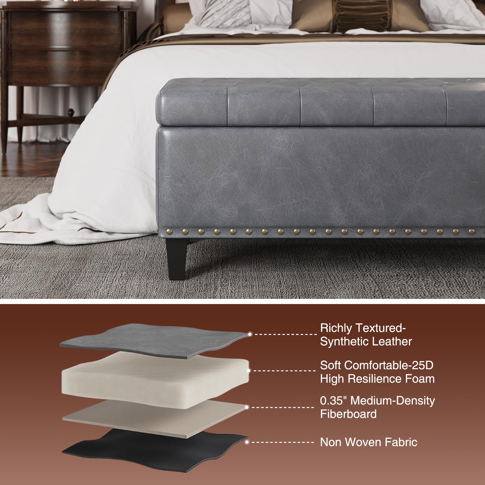 FiveWillowise Large Storage Bench, 51-Inch Ottoman for Bedroom End of Bed, 30 Gallons Faux Leather Bench for Bedroom, Living Room, Entryway, Hallway, Grey