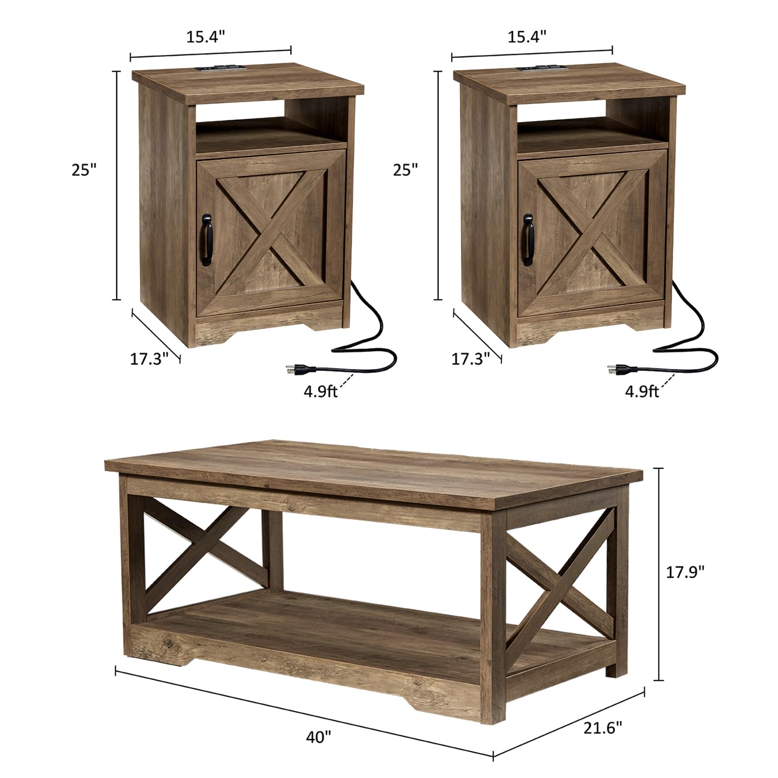 AMERLIFE 3-Piece Farmhouse Table Set Includes Coffee Table& Two End Tables, Side Table with Charging Station and USB Ports, for Living Room, Barnwood